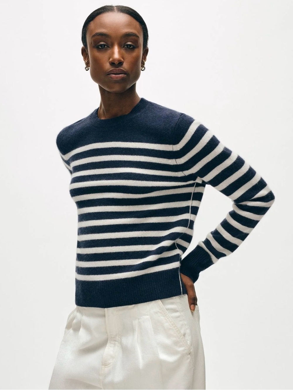 White + Warren Cashmere Striped Crewneck in Deep Navy/Soft White - #150